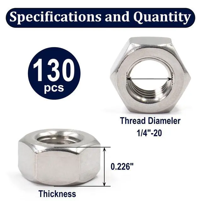Alt view image 2 of 7 - 1/4"-20 Hex Nuts,130 Pack 304 (A2-70) Stainless Steel Hardware Nuts,Standard Inch Coarse Thread Nuts