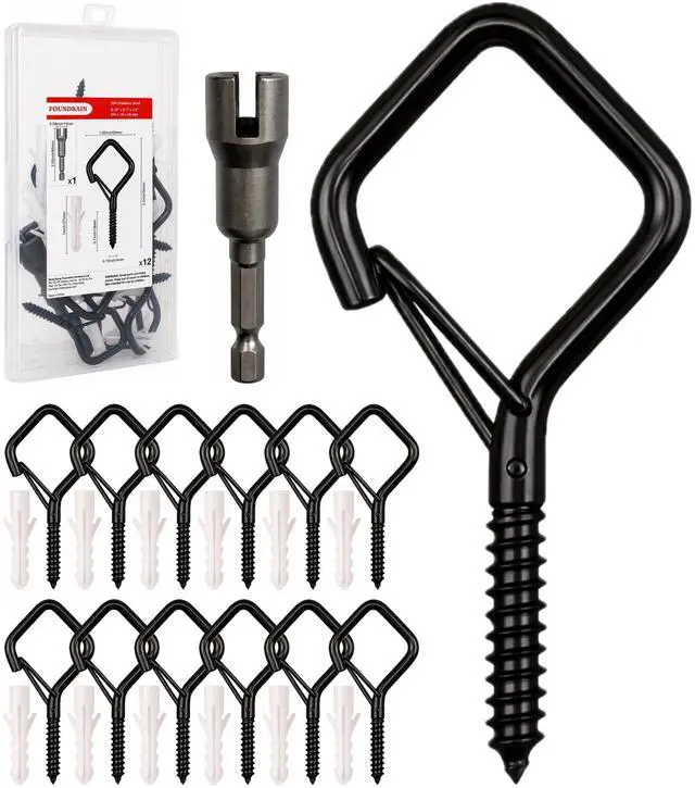 Main image of 304 Stainless Steel 2.2 Inch Screw Eye Hooks with Driver Bit, Black, 12 PCS | Rust-resistant and secure hanging for string lights, plants, wind chimes and home décor with hassle-free installation