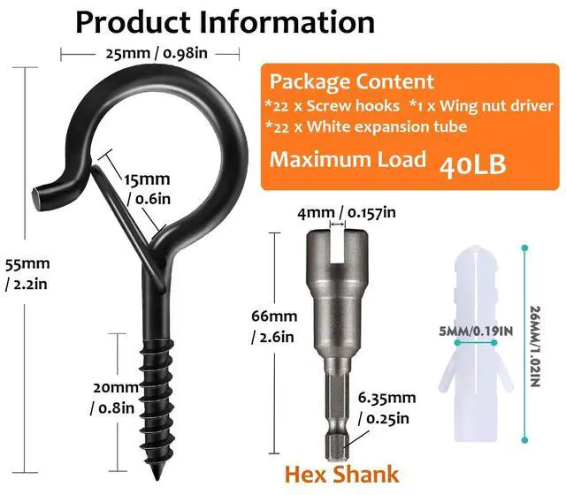 Alt view image 6 of 7 - 22 Pack Screw Hooks for Hanging Outdoor String Lights, Heavy Duty 2.2 Inch Black Q-Hanger Hanging Christmas Lights, Plants Include 1 Wing Nut Driver, Wall Wood Ceiling Deck Mount