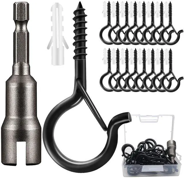 Main image of 22 Pack Screw Hooks for Hanging Outdoor String Lights, Heavy Duty 2.2 Inch Black Q-Hanger Hanging Christmas Lights, Plants Include 1 Wing Nut Driver, Wall Wood Ceiling Deck Mount