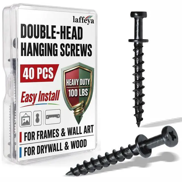 Main image of Picture Mirror Hanging Hardware, Bear Claw Screws, Keyhole Hanger | 40 Pack Double-headed black long bear claw screw hangers for drywall & wood stud. 4in1 fits keyhole, D-ring, sawtooth & wire
