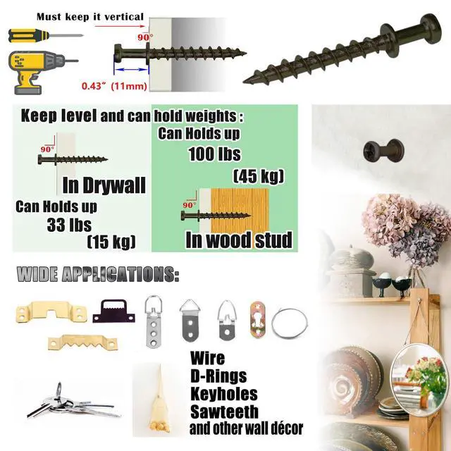 Alt view image 3 of 7 - Picture Mirror Hanging Hardware, Bear Claw Screws, Keyhole Hanger | 40 Pack Double-headed black long bear claw screw hangers for drywall & wood stud. 4in1 fits keyhole, D-ring, sawtooth & wire