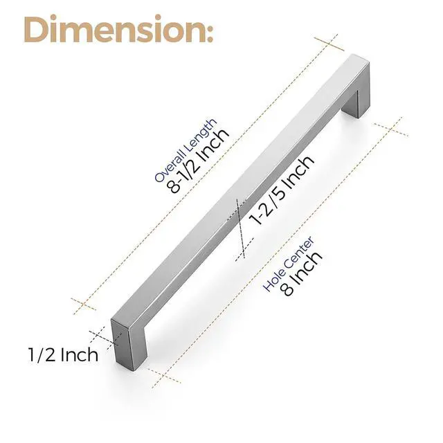 Alt view image 3 of 7 - Brushed Nickel Cabinet Square Handles Drawer Pulls 8 Inch 1 Pack | Screws Included, Smooth Touch, Square Bar Grip, Stainless Steel, Easy Installation, For Cupboards, Drawers, Dressers, Cabinet
