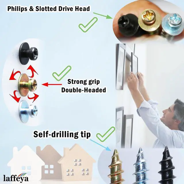 Alt view image 5 of 7 - Double Headed Screws, Bear Claw Picture Hangers, Keyhole Hardware | Mirror hanging it, 40Pack 4-in-1 double headed bear claw screw hooks for drywall & wood studs (Black, 0.8+1.1 Long)