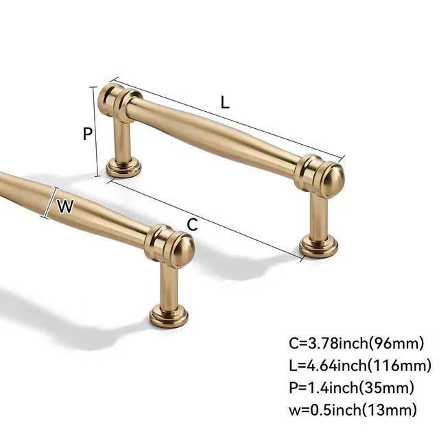 Alt view image 2 of 5 - 2 Pack 3-3/4 inch(96mm) Center to Center Brushed Brass Cabinet Pulls Solid Cabinet Hardware Heavy-Duty Drawer Pulls Kitchen Handles for Cabinets Cupboard Handles
