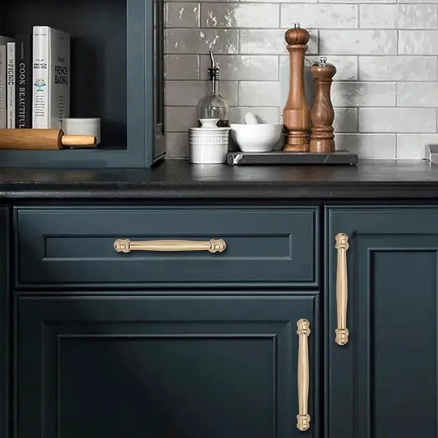 Alt view image 4 of 5 - 2 Pack 3-3/4 inch(96mm) Center to Center Brushed Brass Cabinet Pulls Solid Cabinet Hardware Heavy-Duty Drawer Pulls Kitchen Handles for Cabinets Cupboard Handles