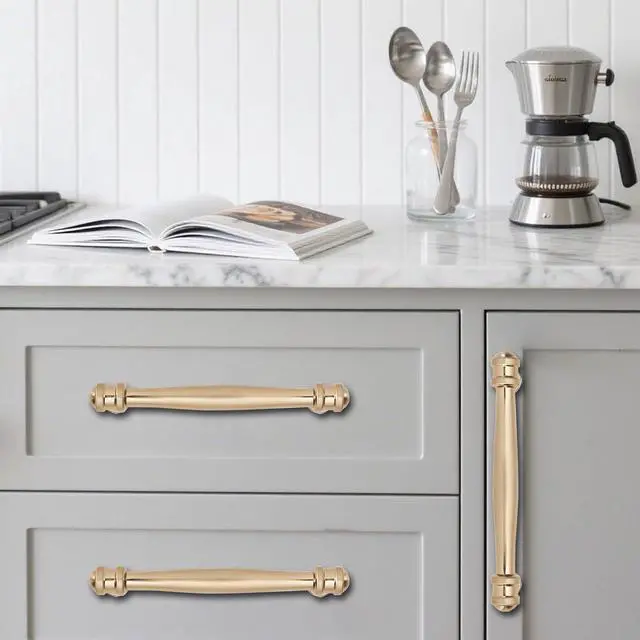 Alt view image 5 of 5 - 2 Pack 3-3/4 inch(96mm) Center to Center Brushed Brass Cabinet Pulls Solid Cabinet Hardware Heavy-Duty Drawer Pulls Kitchen Handles for Cabinets Cupboard Handles