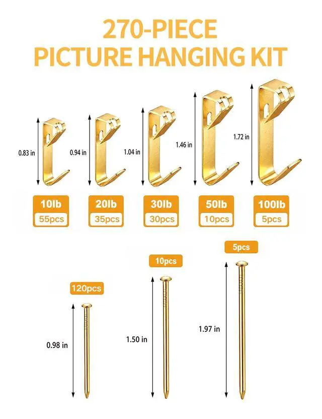 Alt view image 2 of 7 - 270Pcs Picture Hanging Hooks with Nails Kit Heavy Duty 10-100 lbs | Picture Hangers Hardware for Drywall Plaster Wood Wall Art - Assorted Hooks for Frames Mirrors Paintings Canvas Home Office