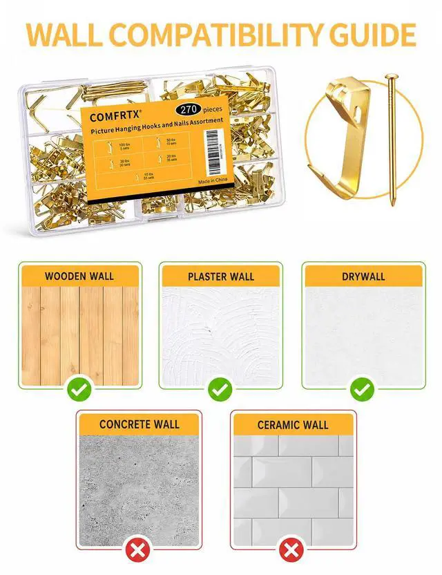 Alt view image 6 of 7 - 270Pcs Picture Hanging Hooks with Nails Kit Heavy Duty 10-100 lbs | Picture Hangers Hardware for Drywall Plaster Wood Wall Art - Assorted Hooks for Frames Mirrors Paintings Canvas Home Office