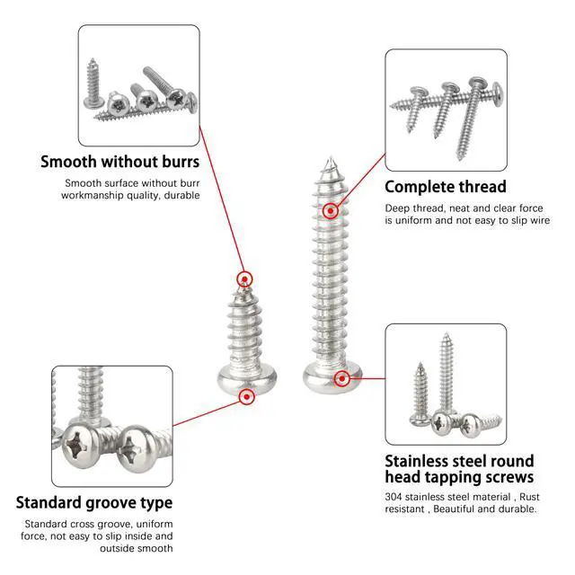 Alt view image 6 of 7 - #8 x 1-1/2" Wood Screw, Phillips Pan Round Head, 304 Stainless Steel, Self Tapping Sheet Metal Screws, M4 x 40mm, 50-Piece