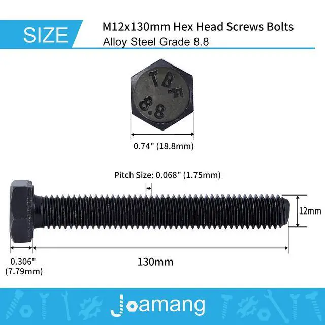 Alt view image 2 of 7 - M12-1.75 x 130mm 3Pcs Hex Bolts, Hexagon Head Screw, 8.8 Grade Alloy Steel, Black Oxide Finish, Metric Full Machine Thread