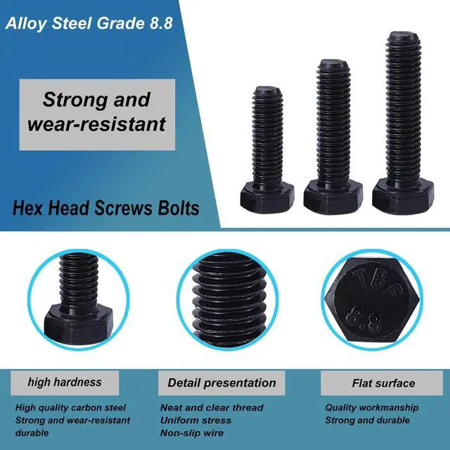Alt view image 4 of 7 - M12-1.75 x 130mm 3Pcs Hex Bolts, Hexagon Head Screw, 8.8 Grade Alloy Steel, Black Oxide Finish, Metric Full Machine Thread