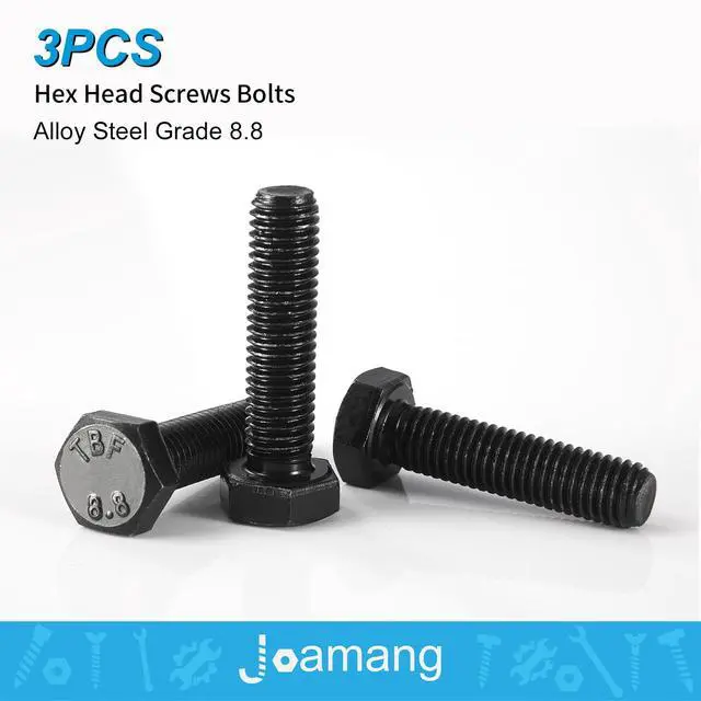 Alt view image 3 of 7 - M12-1.75 x 130mm 3Pcs Hex Bolts, Hexagon Head Screw, 8.8 Grade Alloy Steel, Black Oxide Finish, Metric Full Machine Thread