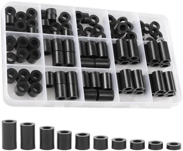 Main image of Black ABS Round Washers ID 6.2mm, OD 11mm | 3mm 4mm 5mm 6mm 8mm 10mm 15mm 18mm 20mm Length, Assortment Kit, Non-Threaded, Suitable for M6 Screws Hardware Spacer Bracket