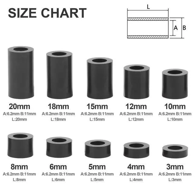 Alt view image 2 of 7 - Black ABS Round Washers ID 6.2mm, OD 11mm | 3mm 4mm 5mm 6mm 8mm 10mm 15mm 18mm 20mm Length, Assortment Kit, Non-Threaded, Suitable for M6 Screws Hardware Spacer Bracket