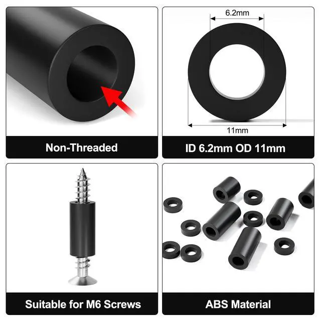 Alt view image 3 of 7 - Black ABS Round Washers ID 6.2mm, OD 11mm | 3mm 4mm 5mm 6mm 8mm 10mm 15mm 18mm 20mm Length, Assortment Kit, Non-Threaded, Suitable for M6 Screws Hardware Spacer Bracket