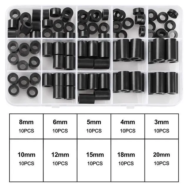 Alt view image 5 of 7 - Black ABS Round Washers ID 6.2mm, OD 11mm | 3mm 4mm 5mm 6mm 8mm 10mm 15mm 18mm 20mm Length, Assortment Kit, Non-Threaded, Suitable for M6 Screws Hardware Spacer Bracket
