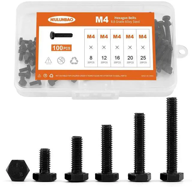 Main image of M4 x 8mm 12mm 16mm 20mm 25mm Heavy Duty Hexagon Bolts Hex Head Screws, 8.8 Grade Alloy Steel, Black Oxide Finish, Metric Machine Fully Thread, Assortment Kit 100PCS