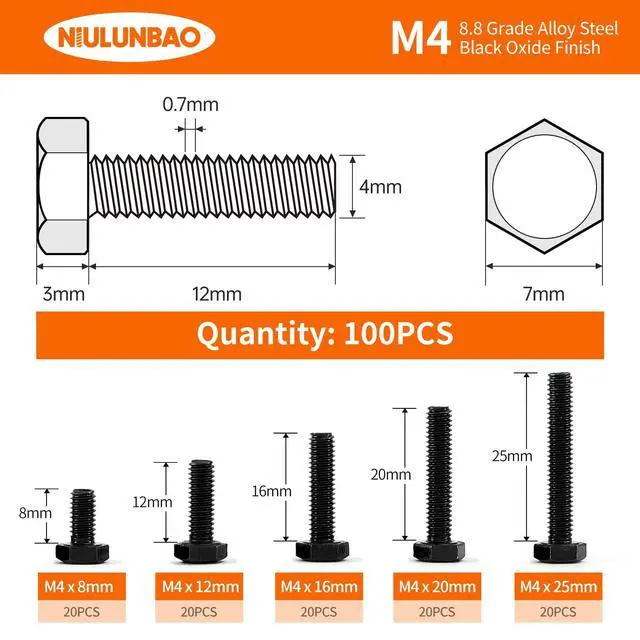 Alt view image 2 of 7 - M4 x 8mm 12mm 16mm 20mm 25mm Heavy Duty Hexagon Bolts Hex Head Screws, 8.8 Grade Alloy Steel, Black Oxide Finish, Metric Machine Fully Thread, Assortment Kit 100PCS