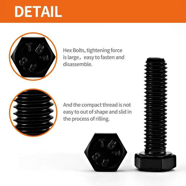 Alt view image 3 of 7 - M4 x 8mm 12mm 16mm 20mm 25mm Heavy Duty Hexagon Bolts Hex Head Screws, 8.8 Grade Alloy Steel, Black Oxide Finish, Metric Machine Fully Thread, Assortment Kit 100PCS