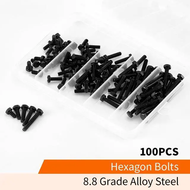 Alt view image 5 of 7 - M4 x 8mm 12mm 16mm 20mm 25mm Heavy Duty Hexagon Bolts Hex Head Screws, 8.8 Grade Alloy Steel, Black Oxide Finish, Metric Machine Fully Thread, Assortment Kit 100PCS