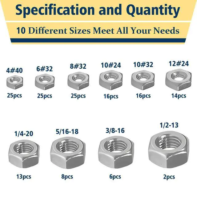 Alt view image 2 of 7 - SAE Hex Nut Assortment Kit,150Pcs Stainless Steel#4-1/2 Nut Set | 4#40 6#32 8#32 10#24 10#32 12#24 1/4-20 5/16-18 3/8-16 1/2-13 Hardware nut 304 SS hexagonal nuts set unc