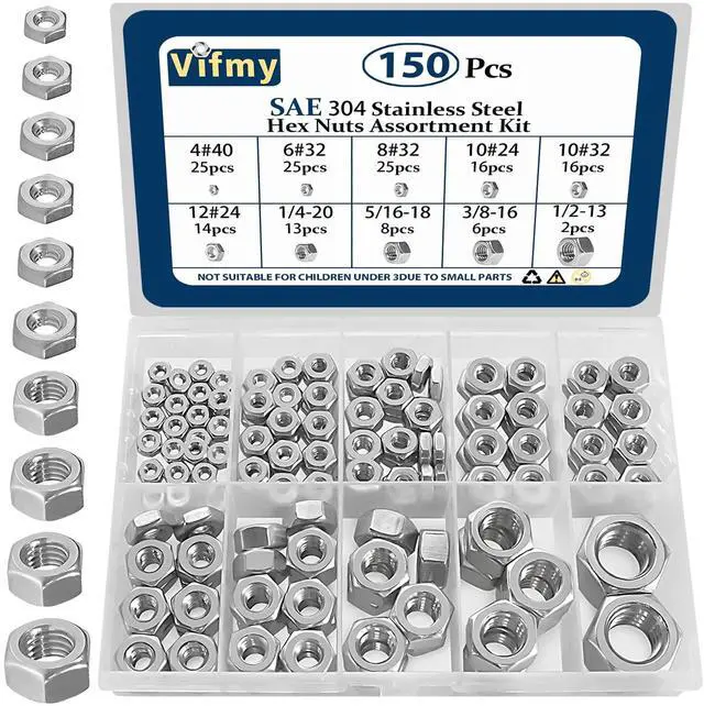 Main image of SAE Hex Nut Assortment Kit,150Pcs Stainless Steel#4-1/2 Nut Set | 4#40 6#32 8#32 10#24 10#32 12#24 1/4-20 5/16-18 3/8-16 1/2-13 Hardware nut 304 SS hexagonal nuts set unc