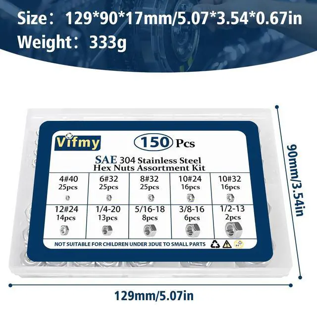 Alt view image 6 of 7 - SAE Hex Nut Assortment Kit,150Pcs Stainless Steel#4-1/2 Nut Set | 4#40 6#32 8#32 10#24 10#32 12#24 1/4-20 5/16-18 3/8-16 1/2-13 Hardware nut 304 SS hexagonal nuts set unc