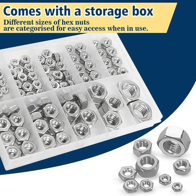 Alt view image 5 of 7 - SAE Hex Nut Assortment Kit,150Pcs Stainless Steel#4-1/2 Nut Set | 4#40 6#32 8#32 10#24 10#32 12#24 1/4-20 5/16-18 3/8-16 1/2-13 Hardware nut 304 SS hexagonal nuts set unc