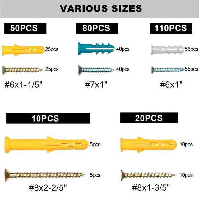 Alt view image 6 of 7 - Drywall Anchors and Screws Assortment Kit, 270Pcs Dry Wall Anchors | 135 Plastic Wall Expansion Anchors and 135 Phillips Flat Head Wood Screws, Wall Hanging Kit for Picture/Art Decor