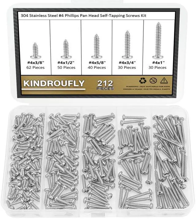 Main image of 212 Pieces #4 x 3/8" 1/2" 5/8" 3/4" 1" Phillips Pan Head Self-Tapping Screws, Wood Screws Assortment Kit, 304 Stainless Steel