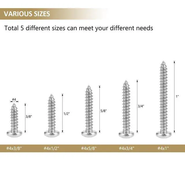 Alt view image 3 of 7 - 212 Pieces #4 x 3/8" 1/2" 5/8" 3/4" 1" Phillips Pan Head Self-Tapping Screws, Wood Screws Assortment Kit, 304 Stainless Steel