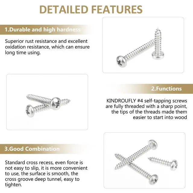Alt view image 4 of 7 - 212 Pieces #4 x 3/8" 1/2" 5/8" 3/4" 1" Phillips Pan Head Self-Tapping Screws, Wood Screws Assortment Kit, 304 Stainless Steel