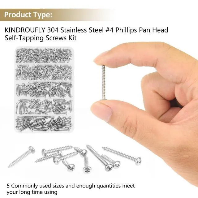 Alt view image 5 of 7 - 212 Pieces #4 x 3/8" 1/2" 5/8" 3/4" 1" Phillips Pan Head Self-Tapping Screws, Wood Screws Assortment Kit, 304 Stainless Steel