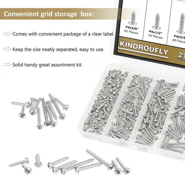 Alt view image 7 of 7 - 212 Pieces #4 x 3/8" 1/2" 5/8" 3/4" 1" Phillips Pan Head Self-Tapping Screws, Wood Screws Assortment Kit, 304 Stainless Steel