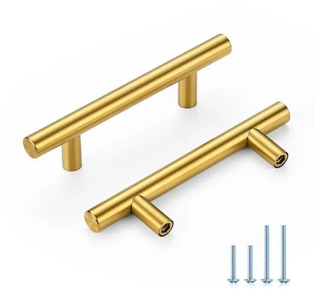Main image of Gold Cabinet Handles, Drawer Pulls, 3 Inch, 10 Pack | Stainless Steel Pulls, Smooth Bar Grip, Warm Kitchen Style, For Cabinets, Bathroom Vanities, Dressers