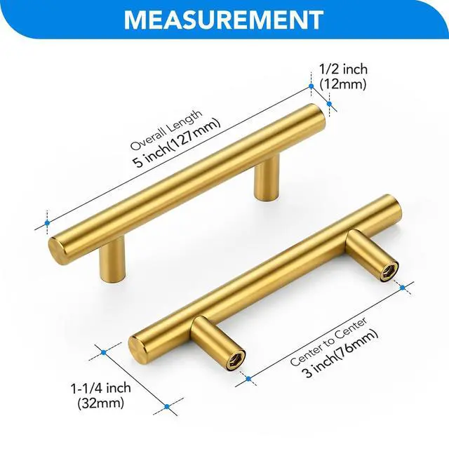 Alt view image 2 of 7 - Gold Cabinet Handles, Drawer Pulls, 3 Inch, 10 Pack | Stainless Steel Pulls, Smooth Bar Grip, Warm Kitchen Style, For Cabinets, Bathroom Vanities, Dressers