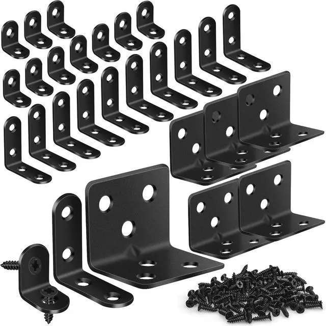 Main image of 25Pcs L Brackets for Shelves, 3 Sizes Angle Corner Braces Metal L Bracket Heavy Duty for Wood, Sturdy and Rustproof for Repairing Furniture with 82Pcs Screws Mounting Bracket Easily Black