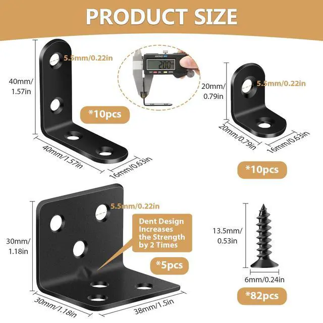 Alt view image 2 of 7 - 25Pcs L Brackets for Shelves, 3 Sizes Angle Corner Braces Metal L Bracket Heavy Duty for Wood, Sturdy and Rustproof for Repairing Furniture with 82Pcs Screws Mounting Bracket Easily Black