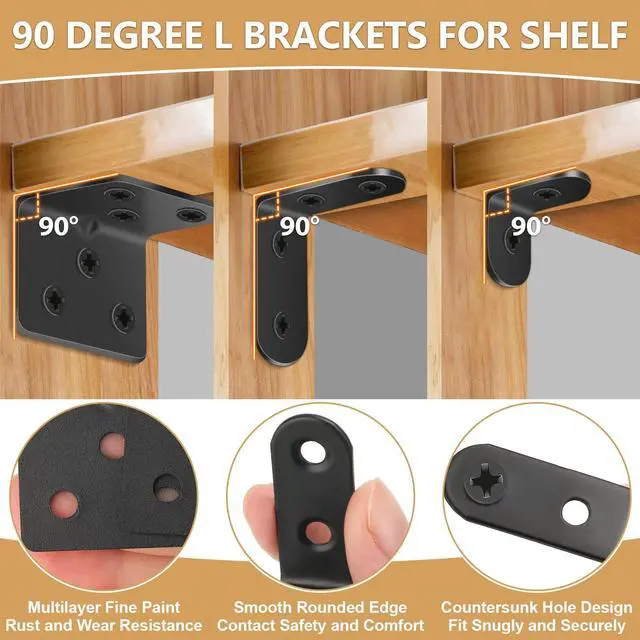 Alt view image 4 of 7 - 25Pcs L Brackets for Shelves, 3 Sizes Angle Corner Braces Metal L Bracket Heavy Duty for Wood, Sturdy and Rustproof for Repairing Furniture with 82Pcs Screws Mounting Bracket Easily Black