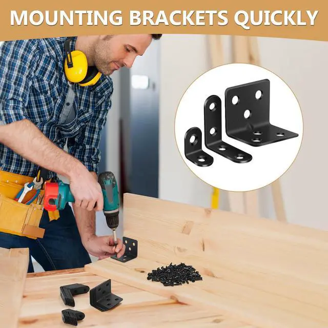 Alt view image 6 of 7 - 25Pcs L Brackets for Shelves, 3 Sizes Angle Corner Braces Metal L Bracket Heavy Duty for Wood, Sturdy and Rustproof for Repairing Furniture with 82Pcs Screws Mounting Bracket Easily Black