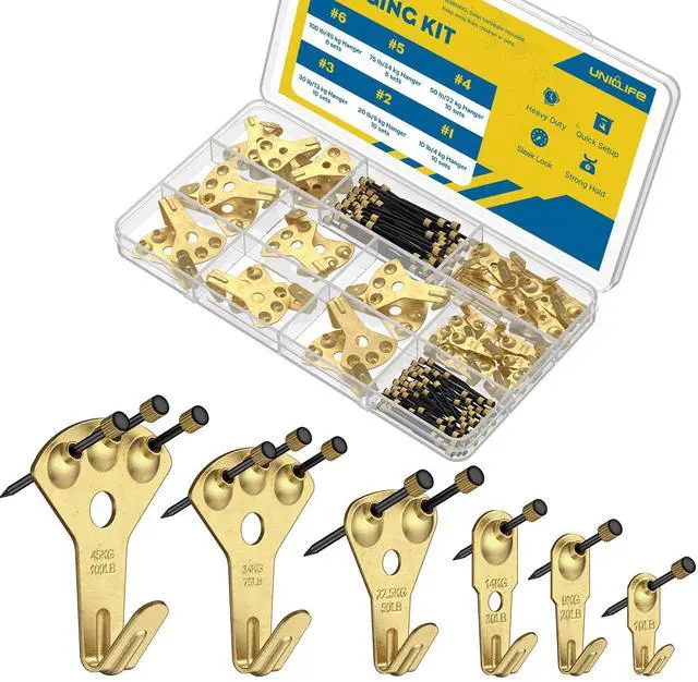 Main image of 152 Pcs Heavy Duty Picture Hanging Kit, Picture Hanging Hooks,Gold | Picture hangers,10-100 lb weight ratings, for drywall & wood, frame hooks for hanging photos mirrors paintings