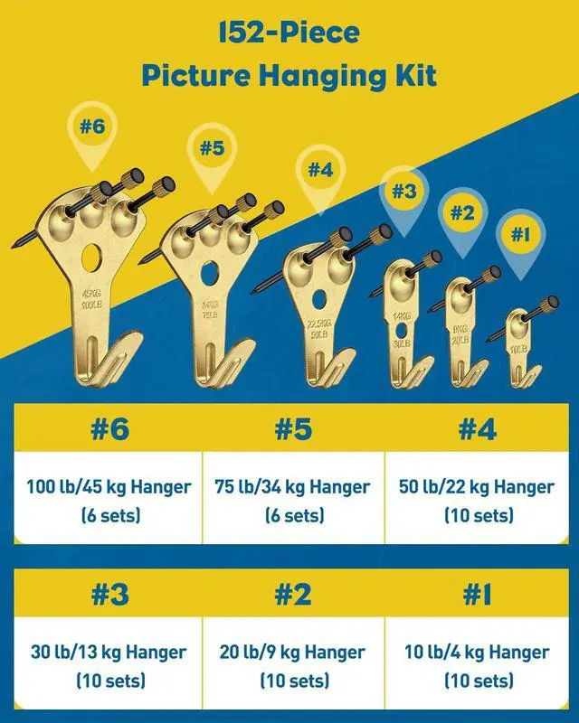 Alt view image 2 of 7 - 152 Pcs Heavy Duty Picture Hanging Kit, Picture Hanging Hooks,Gold | Picture hangers,10-100 lb weight ratings, for drywall & wood, frame hooks for hanging photos mirrors paintings