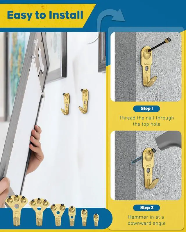 Alt view image 4 of 7 - 152 Pcs Heavy Duty Picture Hanging Kit, Picture Hanging Hooks,Gold | Picture hangers,10-100 lb weight ratings, for drywall & wood, frame hooks for hanging photos mirrors paintings