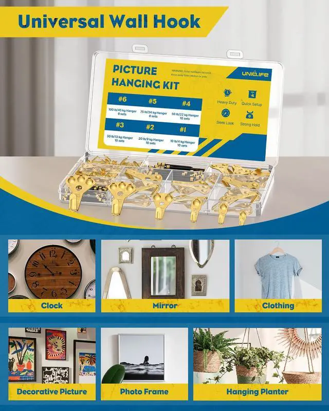 Alt view image 6 of 7 - 152 Pcs Heavy Duty Picture Hanging Kit, Picture Hanging Hooks,Gold | Picture hangers,10-100 lb weight ratings, for drywall & wood, frame hooks for hanging photos mirrors paintings