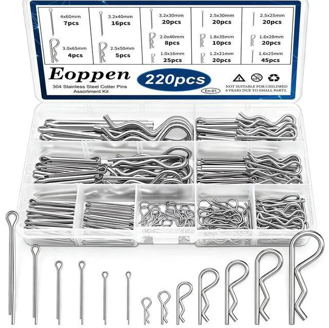 Main image of 220Pcs Cotter Pins Assortment Kit 304 Stainless Steel 13 Sizes Cotter Pins & R Clips Cotter Pin Set for Hitch Pin Lock Systems