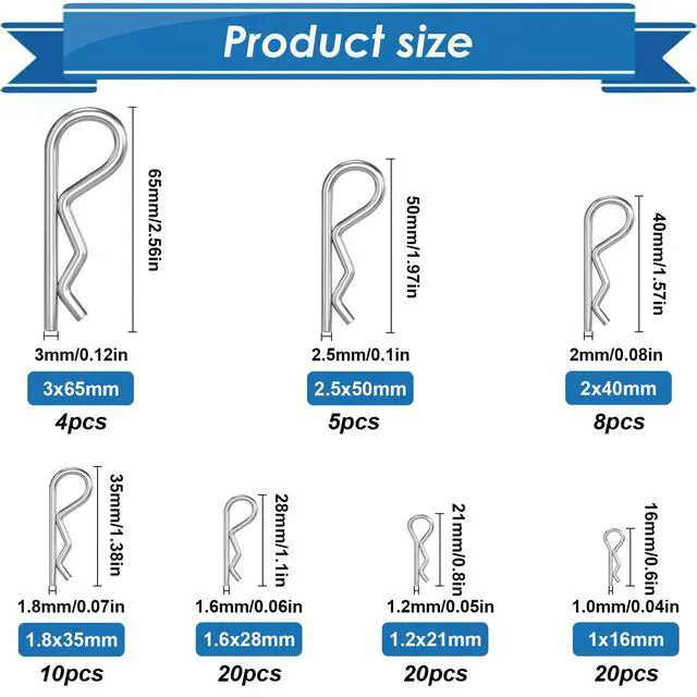 Alt view image 2 of 6 - 220Pcs Cotter Pins Assortment Kit 304 Stainless Steel 13 Sizes Cotter Pins & R Clips Cotter Pin Set for Hitch Pin Lock Systems
