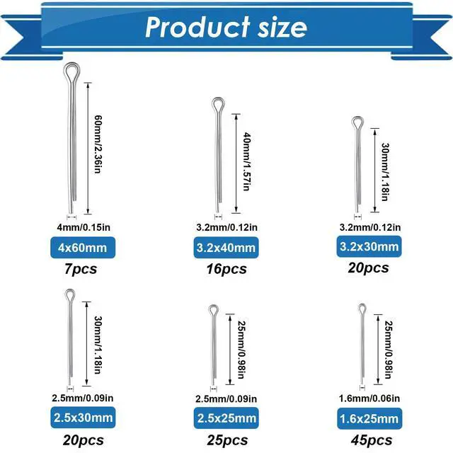 Alt view image 3 of 6 - 220Pcs Cotter Pins Assortment Kit 304 Stainless Steel 13 Sizes Cotter Pins & R Clips Cotter Pin Set for Hitch Pin Lock Systems
