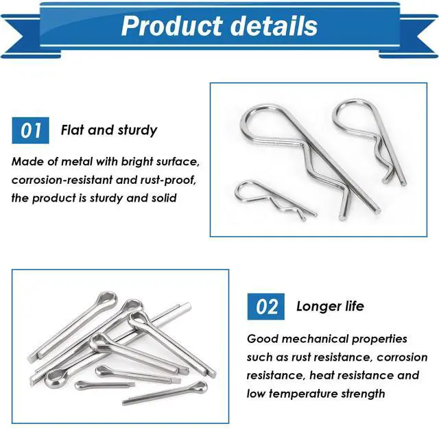 Alt view image 4 of 6 - 220Pcs Cotter Pins Assortment Kit 304 Stainless Steel 13 Sizes Cotter Pins & R Clips Cotter Pin Set for Hitch Pin Lock Systems