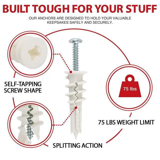 Alt view image 2 of 7 - 120Pcs #8 Self Drilling Drywall Anchors and Screws Assortment Kit | #8 x 1-1/4" Superb Wall Anchors Hold Up to 75lbs, No Drill Hole Required for Drywall Screws & Anchors Installation
